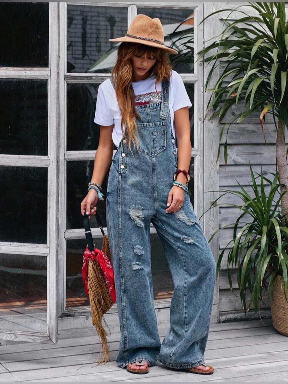 EMERY ROSE DISTRESSED WIDE LEG DENIM Jumpsuit